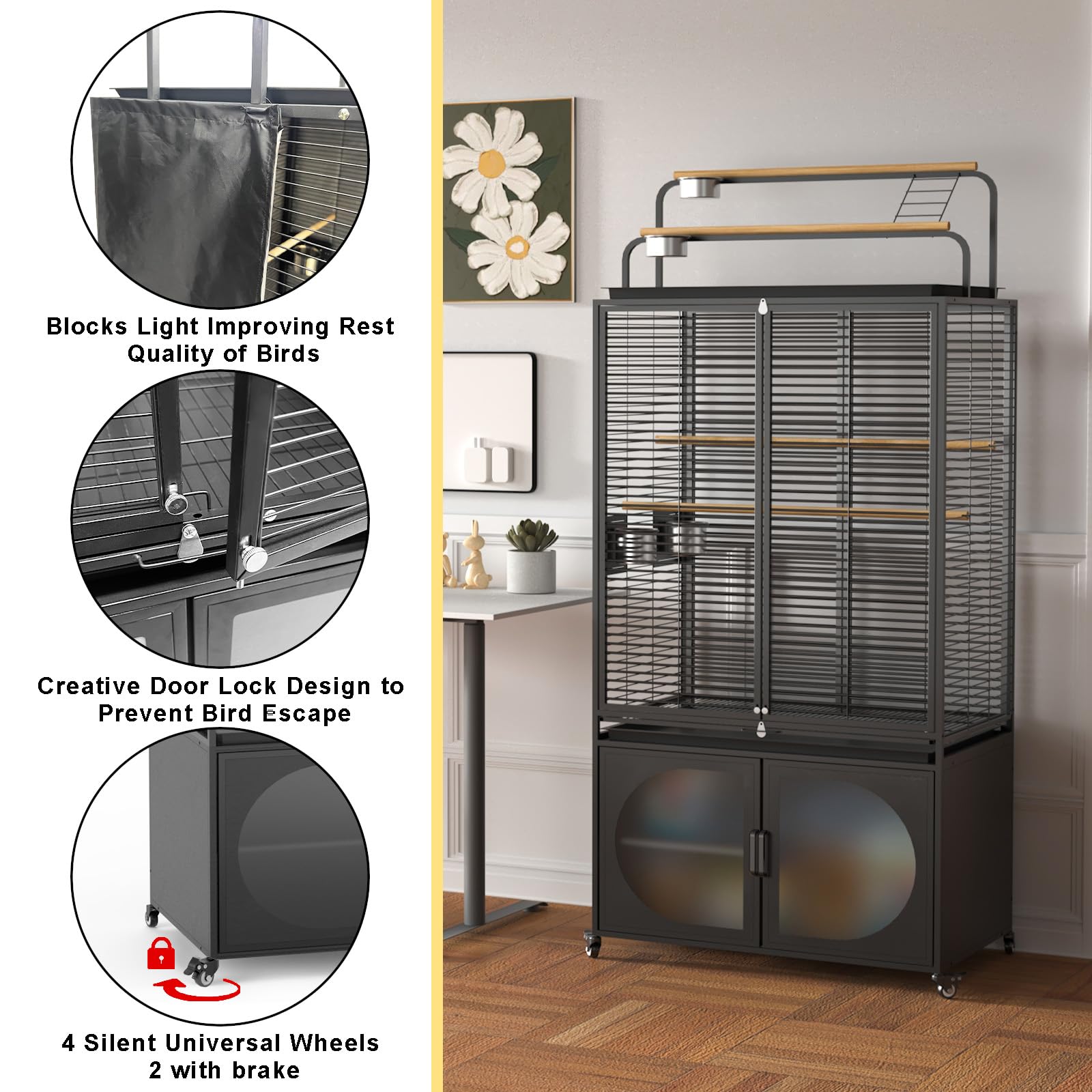 GDLF 72-Inch Bird Cage with Play Top, Parakeet Cage with Rolling Storage Cabinet Extra Large with Cover for Parrot, Cockatiel, B
